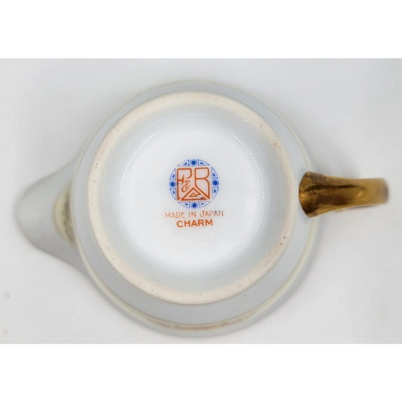 P B Charm Footed Creamer Bowl Japan Floral Scroll Green Gold Trim 1950-1960s - Picture 6 of 6